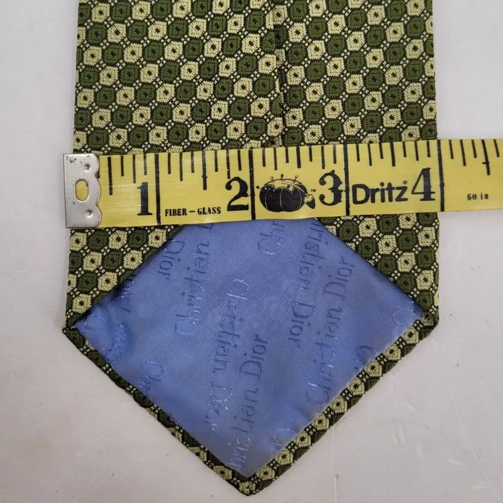 Vintage Christian Dior Men's Green Geometric Medallion Jacquard Tie preppy Retro